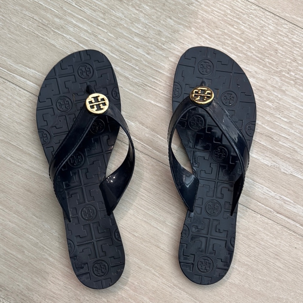 Tory Burch Black Flip Flops with Gold Logo